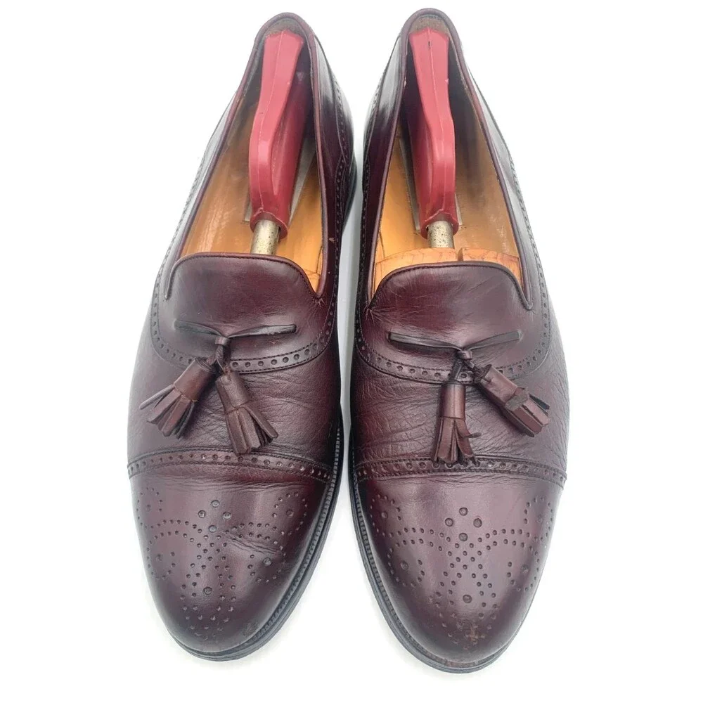 Mezlan Havana Burgundy Leather Tassel Cap Toe Slip On Loafer Shoes Men's SZ 9.5B